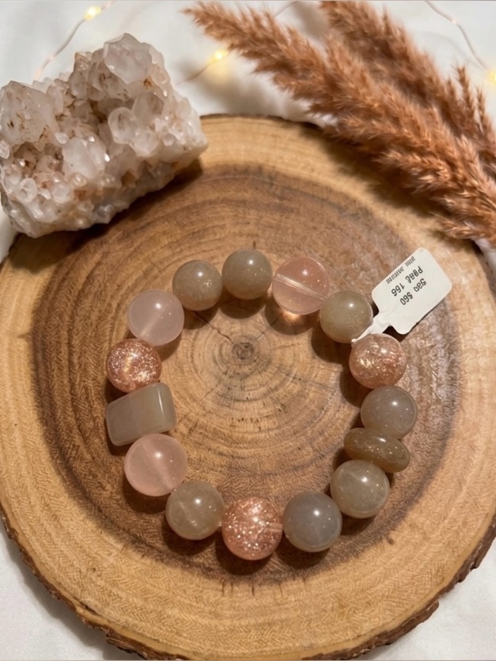 Neutral Stone Bead Stretch Bracelet - Pink and Taupe
